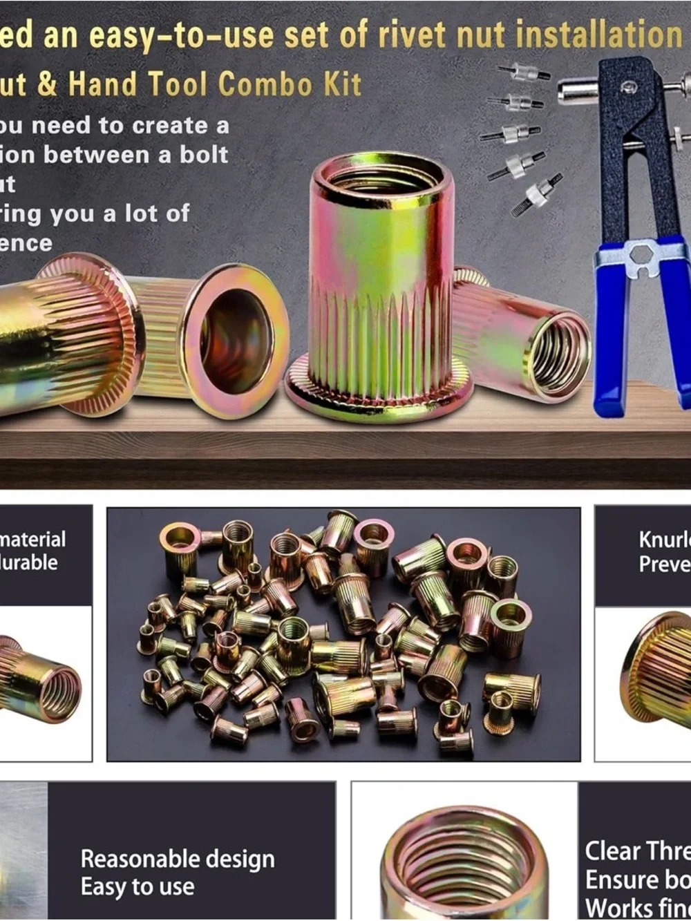 Rivet Nut & Hand Tool Combo Kit 430 Pcs 1 Pcs Rivet Nut Carbon Steel